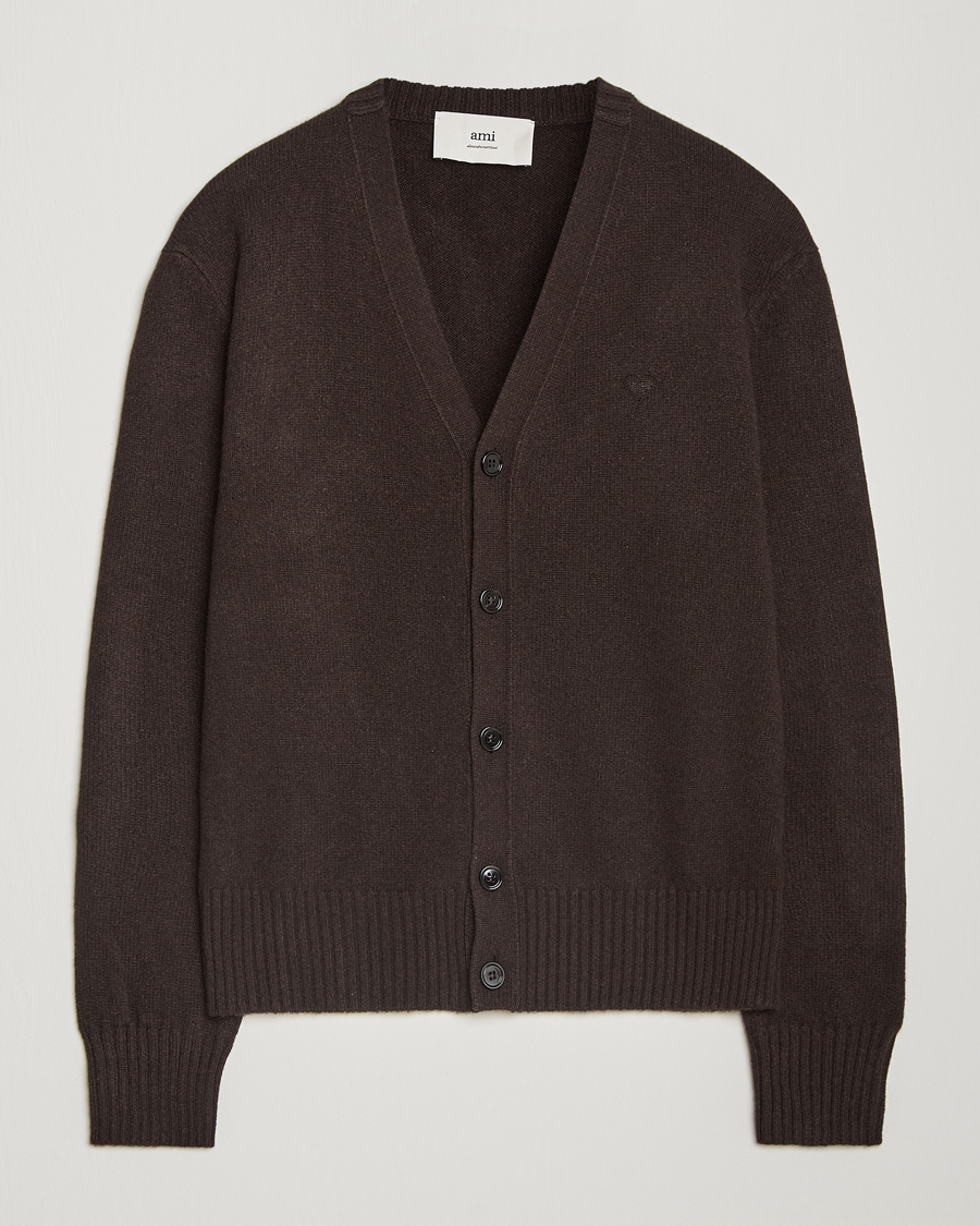 Herre | Trøjer | AMI | Tonal Heart Logo Wool Cardigan Dark Coffee