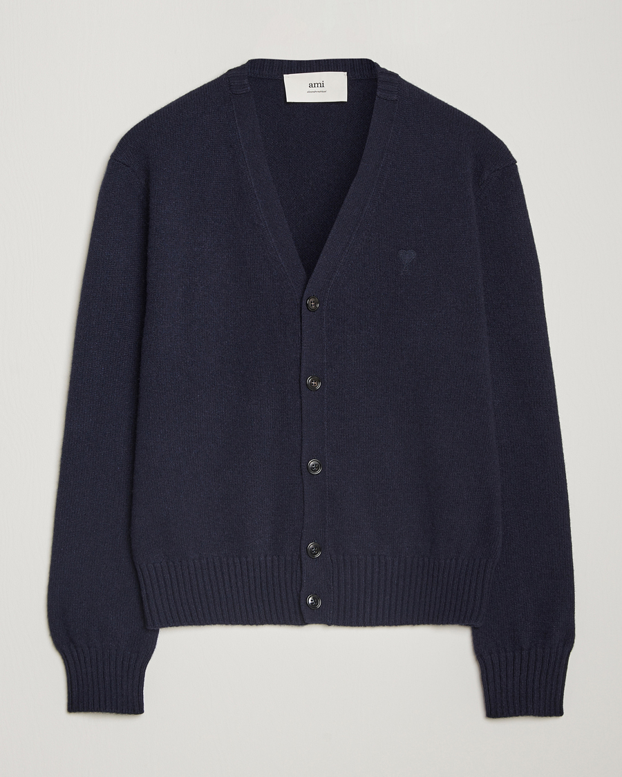 Herre | Trøjer | AMI | Tonal Heart Logo Wool Cardigan Navy