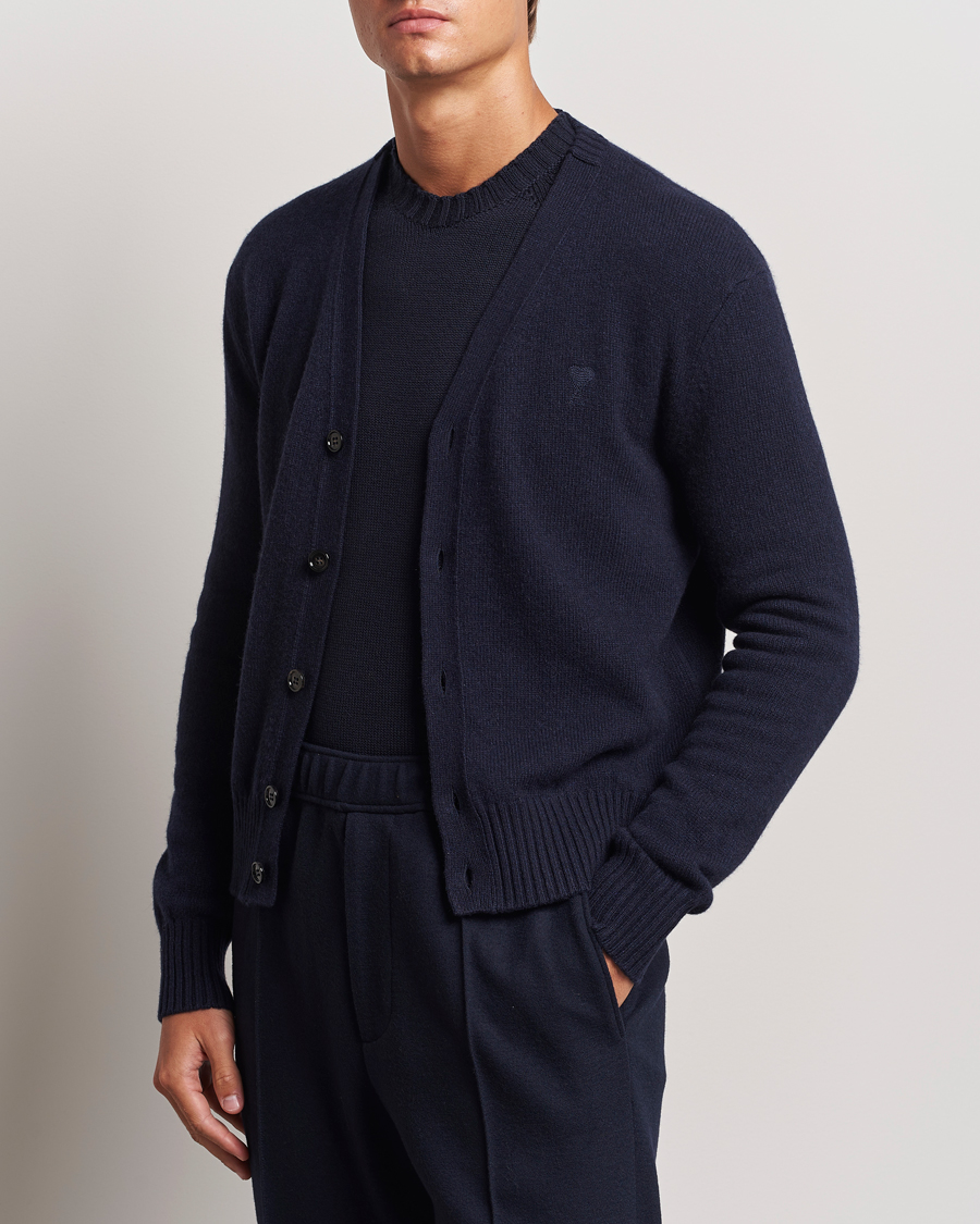 Herre | Trøjer | AMI | Tonal Heart Logo Wool Cardigan Navy
