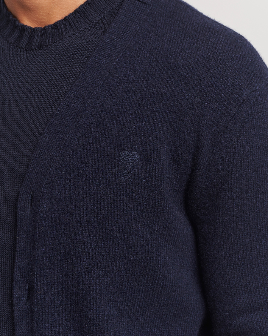 Herre | Trøjer | AMI | Tonal Heart Logo Wool Cardigan Navy
