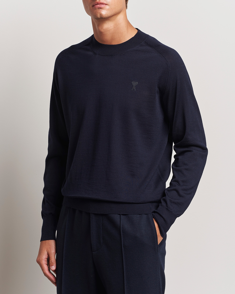 Herre | Trøjer | AMI | Tonal Heart Logo Wool Crew Neck Navy