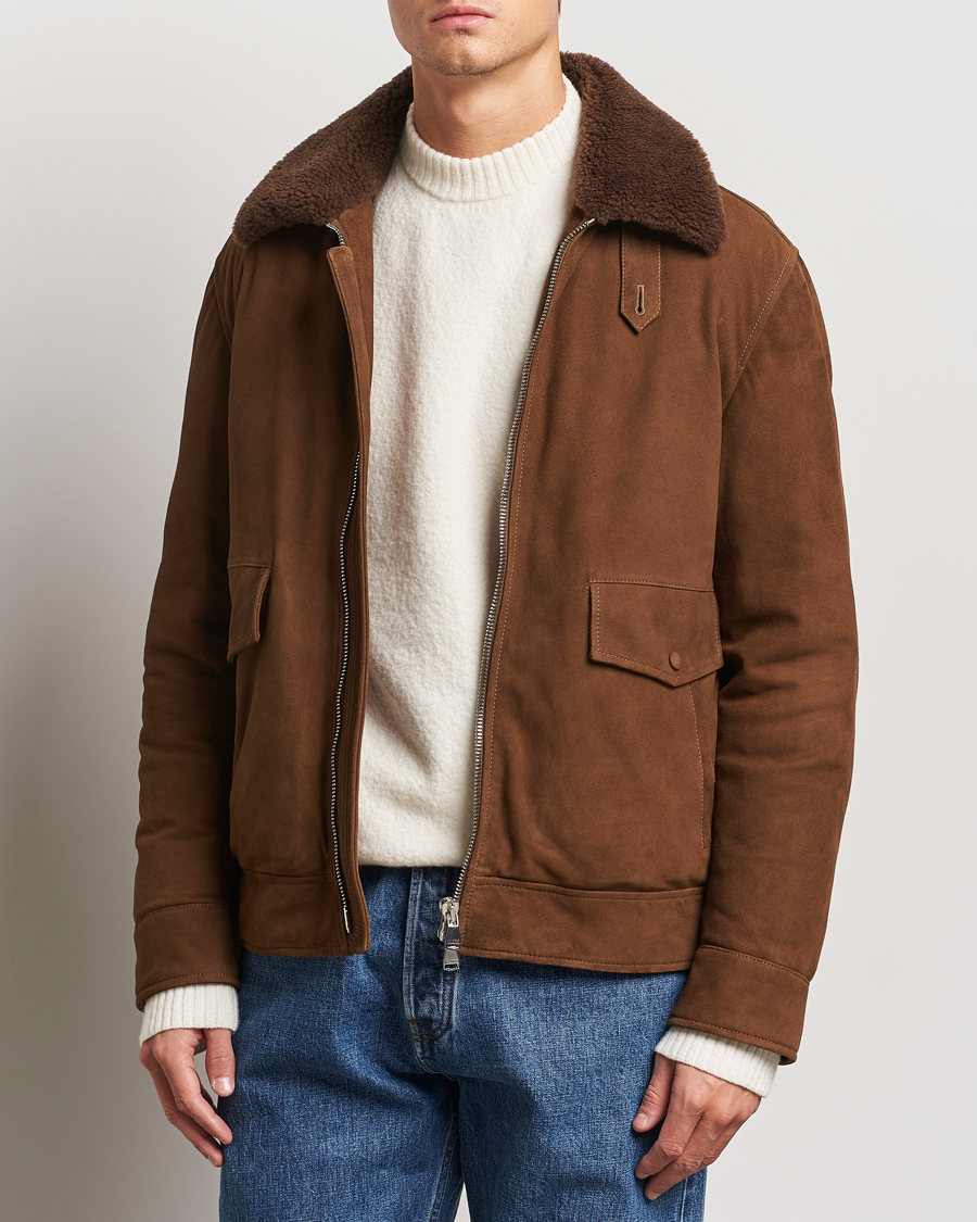 Herre | Jakker | Valstar | Goose Down Shearling Flight Jacket Brown Suede