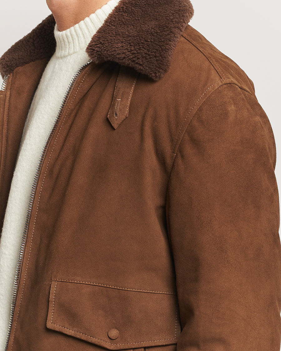 Herre | Jakker | Valstar | Goose Down Shearling Flight Jacket Brown Suede