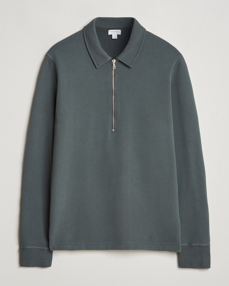 Herre | Trøjer | Sunspel | Zip Loopback Sweatshirt Polo Drill Green