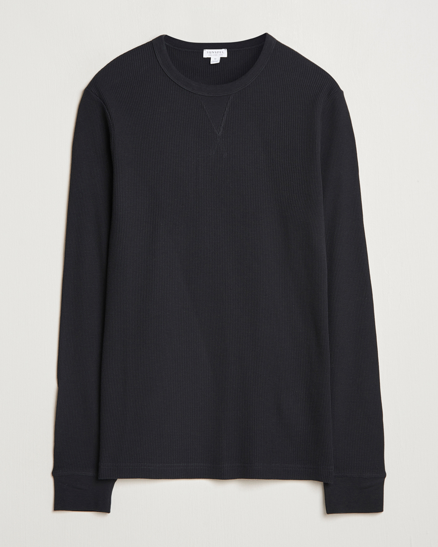 Herre | T-Shirts | Sunspel | Long Sleeve Waffle T-Shirt Black