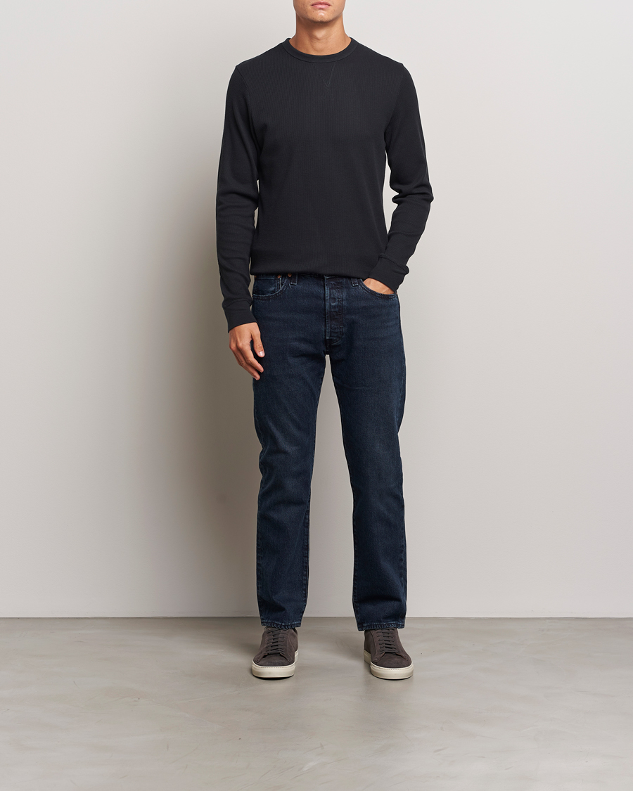 Herre | T-Shirts | Sunspel | Long Sleeve Waffle T-Shirt Black