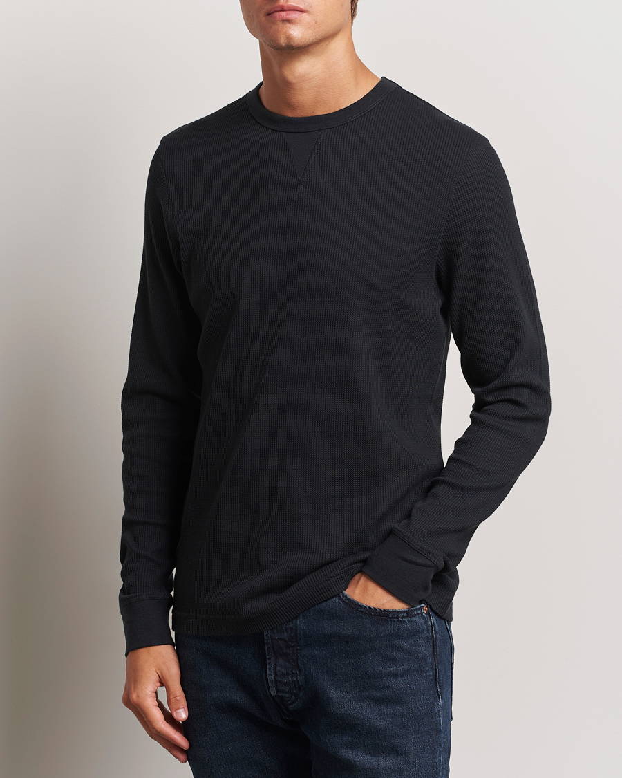 Herre | T-Shirts | Sunspel | Long Sleeve Waffle T-Shirt Black