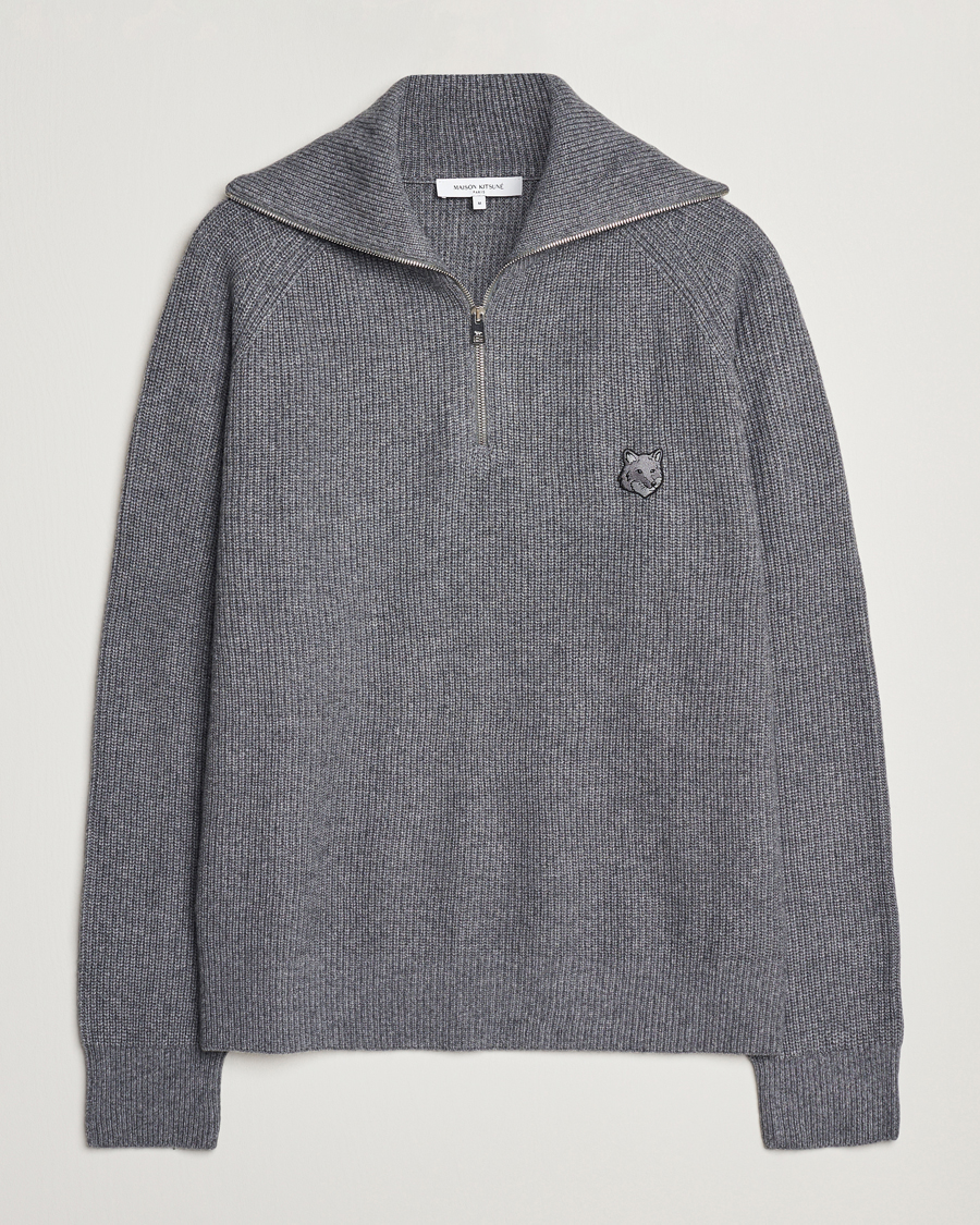 Herre | Trøjer | Maison Kitsuné | Bold Fox Rib Knitted Half Zip Medium Grey Melange