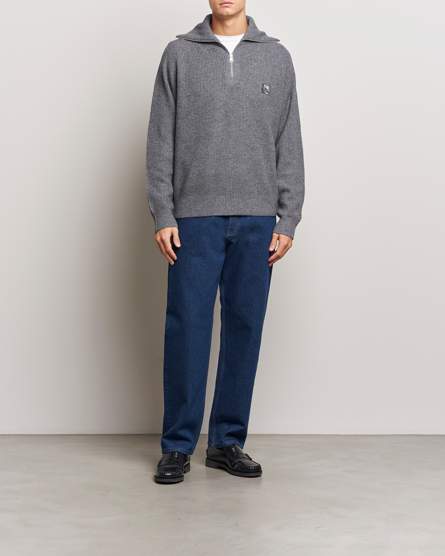 Herre | Trøjer | Maison Kitsuné | Bold Fox Rib Knitted Half Zip Medium Grey Melange