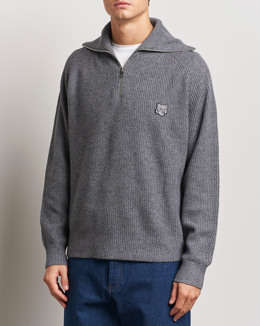 Herre | Trøjer | Maison Kitsuné | Bold Fox Rib Knitted Half Zip Medium Grey Melange