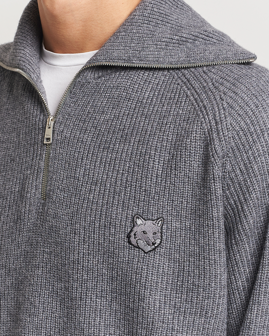 Herre | Trøjer | Maison Kitsuné | Bold Fox Rib Knitted Half Zip Medium Grey Melange