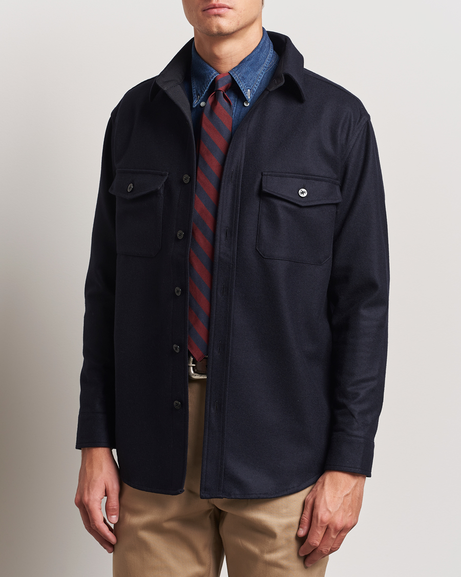 Herre | Skjorter | Kamakura Shirts | Vintage Ivy Wool Flannel CPO Shirt Navy