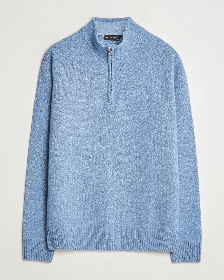 Herre | Trøjer | Oscar Jacobson | Paul Wool/Cashmere Melange Half Zip Light Blue