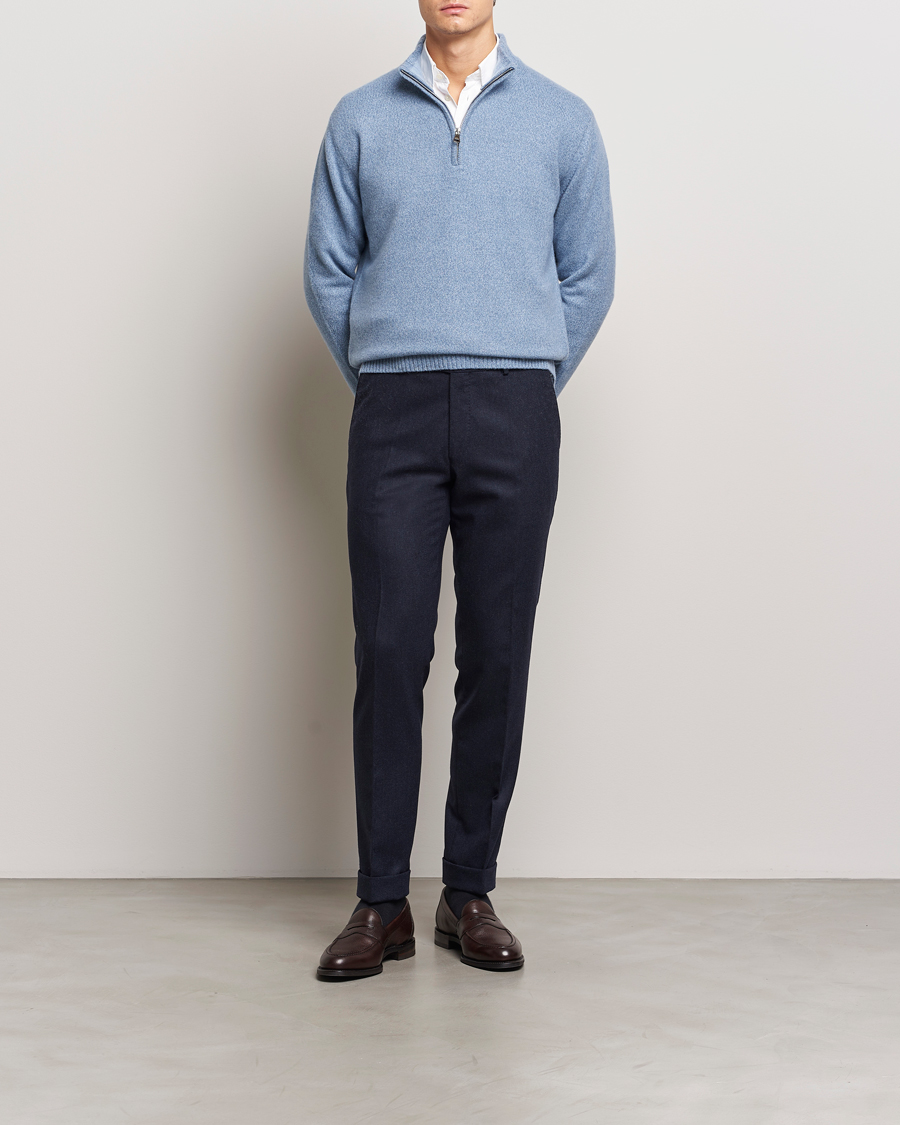 Herre | Trøjer | Oscar Jacobson | Paul Wool/Cashmere Melange Half Zip Light Blue