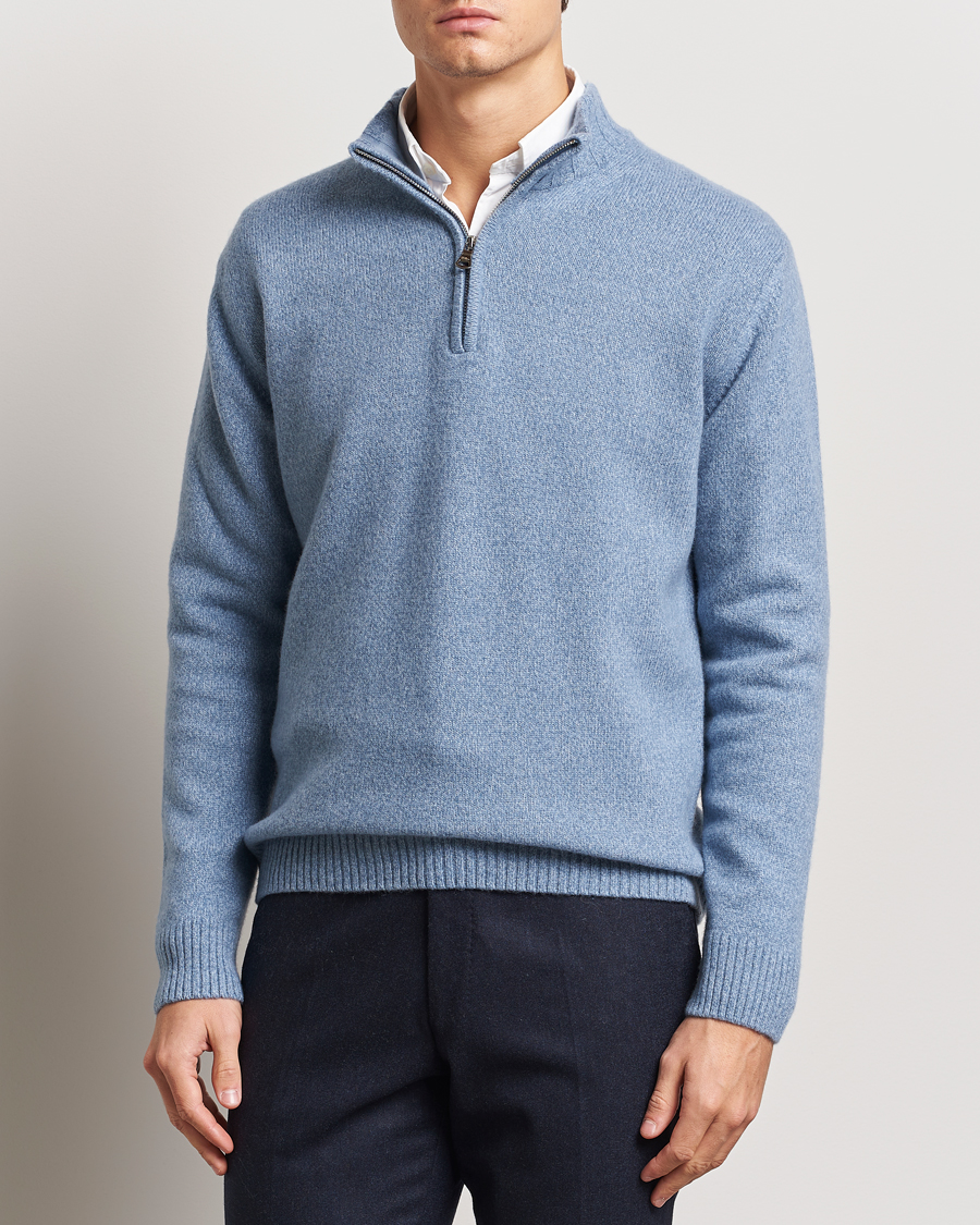 Herre | Trøjer | Oscar Jacobson | Paul Wool/Cashmere Melange Half Zip Light Blue