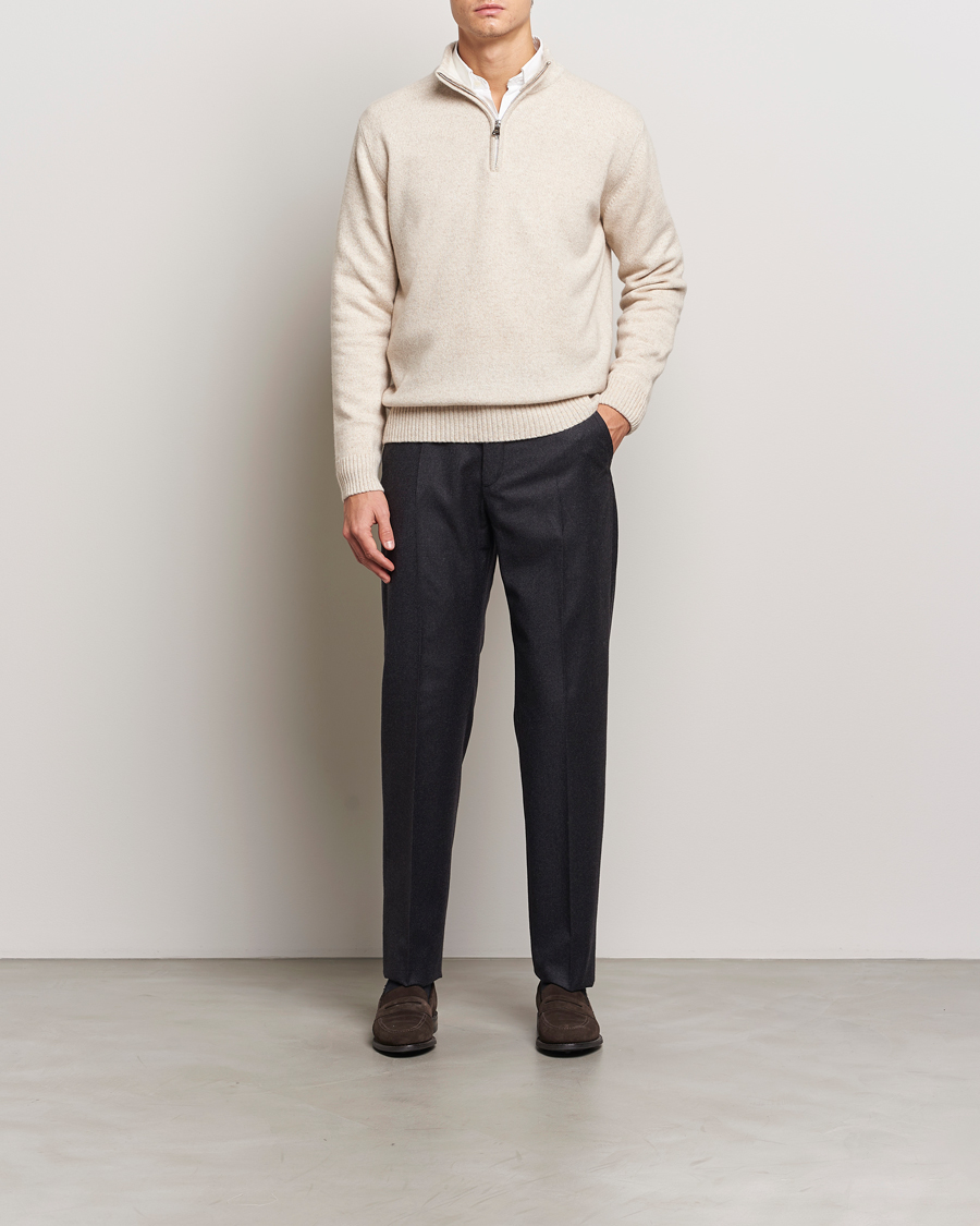 Herre | Trøjer | Oscar Jacobson | Paul Wool/Cashmere Melange Half Zip Beige
