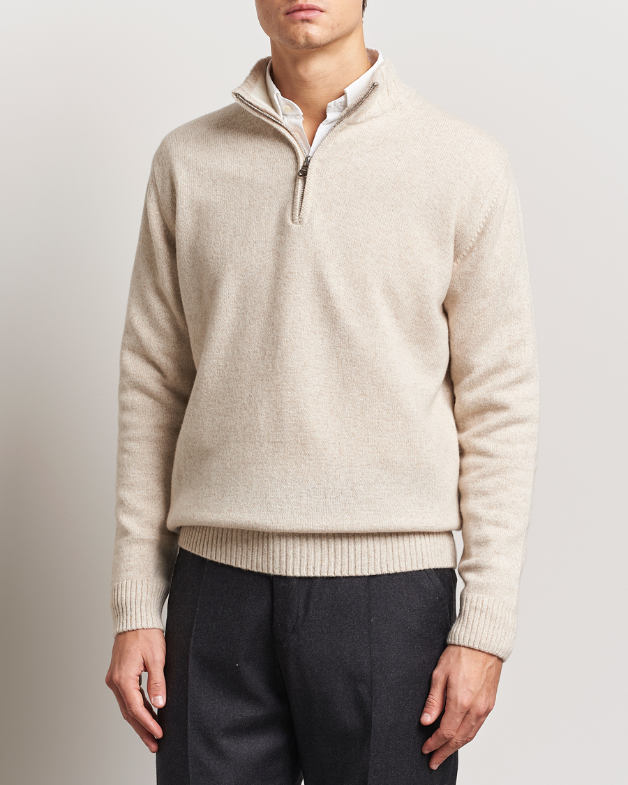 Herre | Trøjer | Oscar Jacobson | Paul Wool/Cashmere Melange Half Zip Beige