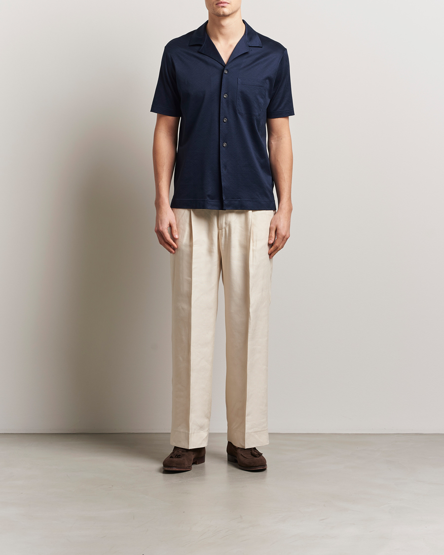 Herre | Skjorter | Eton | Filo Di Scozia Short Sleeve Shirt Navy Blue