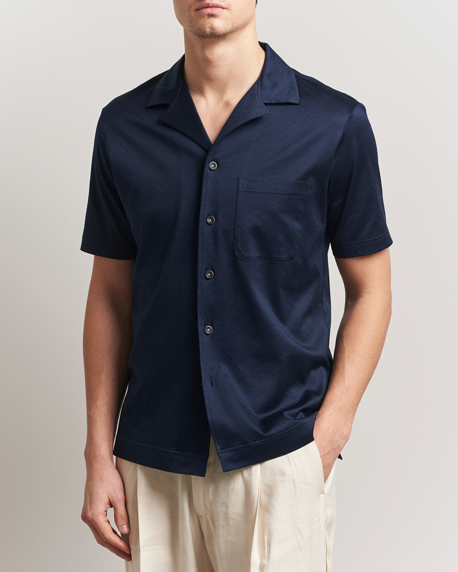 Herre | Skjorter | Eton | Filo Di Scozia Short Sleeve Shirt Navy Blue