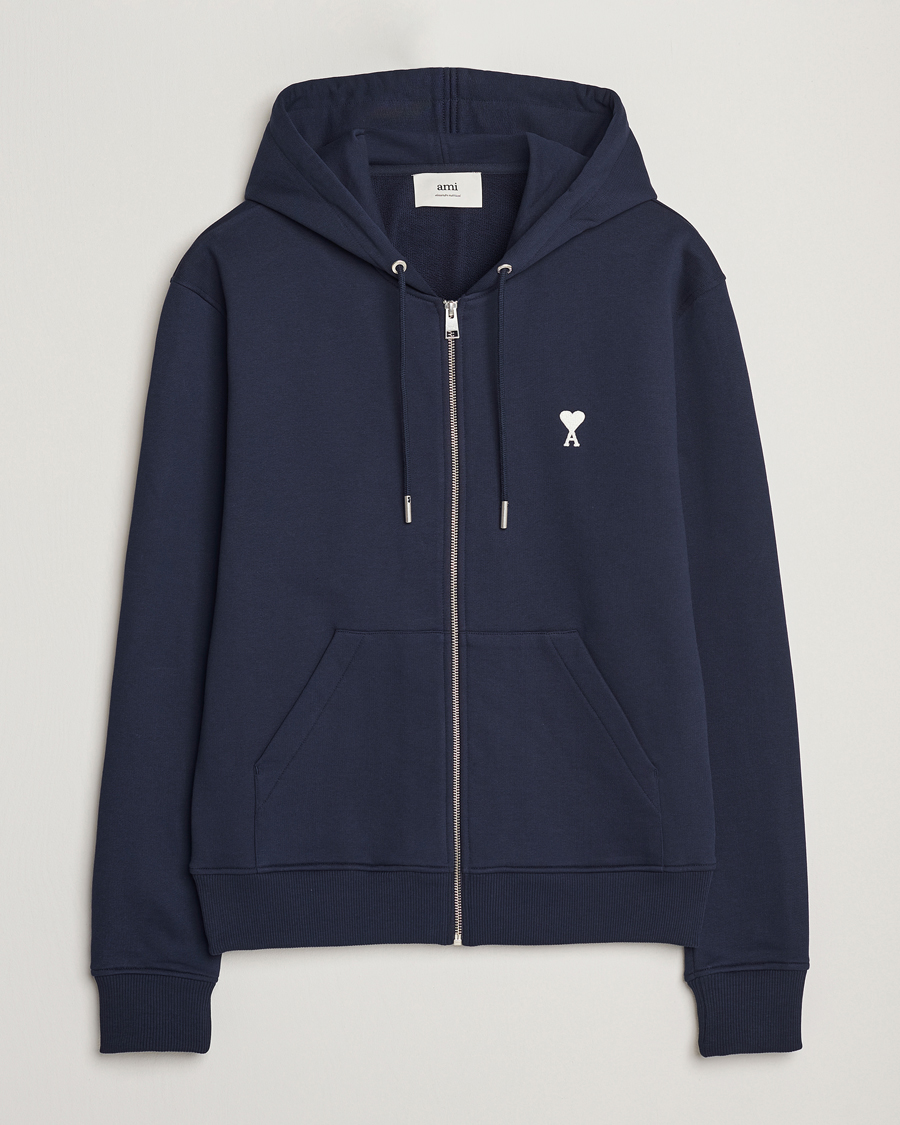 Herre | Trøjer | AMI | Off White Heart Logo Full Zip Hoodie Night Blue