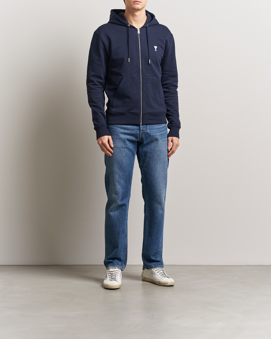 Herre | Trøjer | AMI | Off White Heart Logo Full Zip Hoodie Night Blue