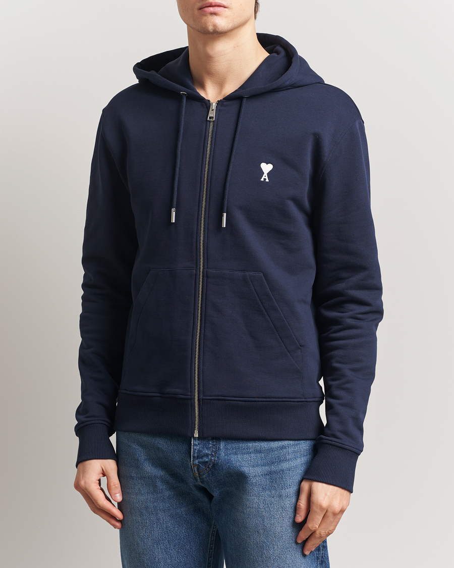 Herre | Trøjer | AMI | Off White Heart Logo Full Zip Hoodie Night Blue