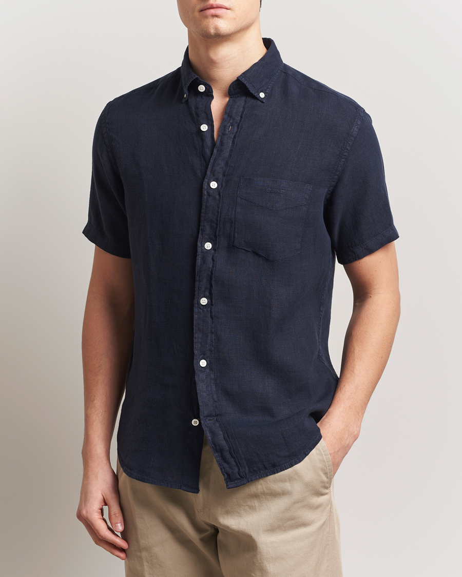 Herre | Skjorter | Gant | Regular Fit Garment Dyed Short Sleeve Linen Shirt Evening Blue