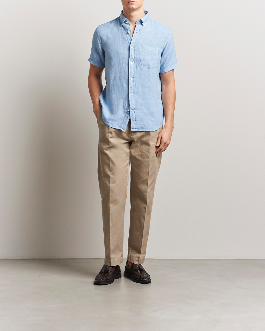 Herre | Skjorter | Gant | Regular Fit Garment Dyed Short Sleeve Linen Shirt Capri Blue