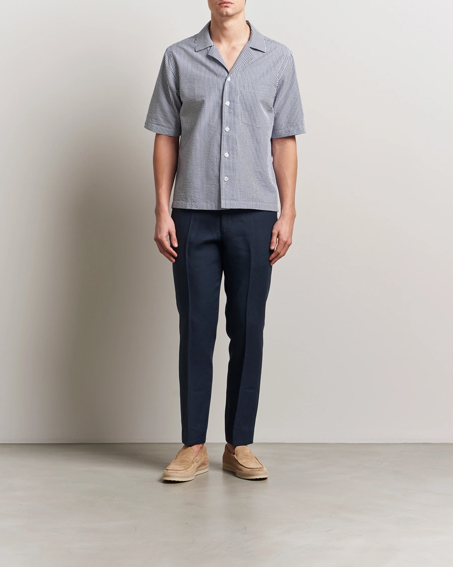Herre | Skjorter | Oscar Jacobson | Cuban Short Sleeve Seersucker Shirt Blue/White