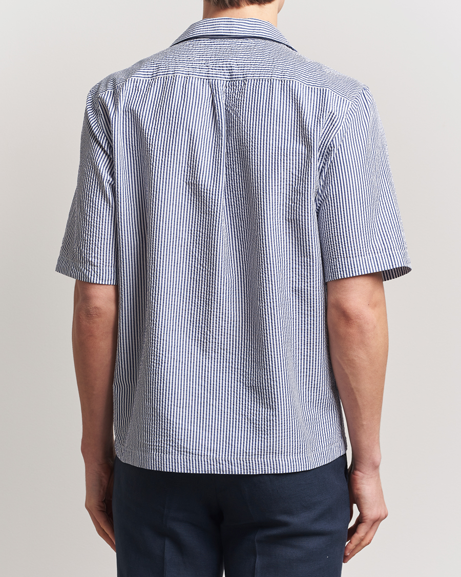 Herre | Skjorter | Oscar Jacobson | Cuban Short Sleeve Seersucker Shirt Blue/White