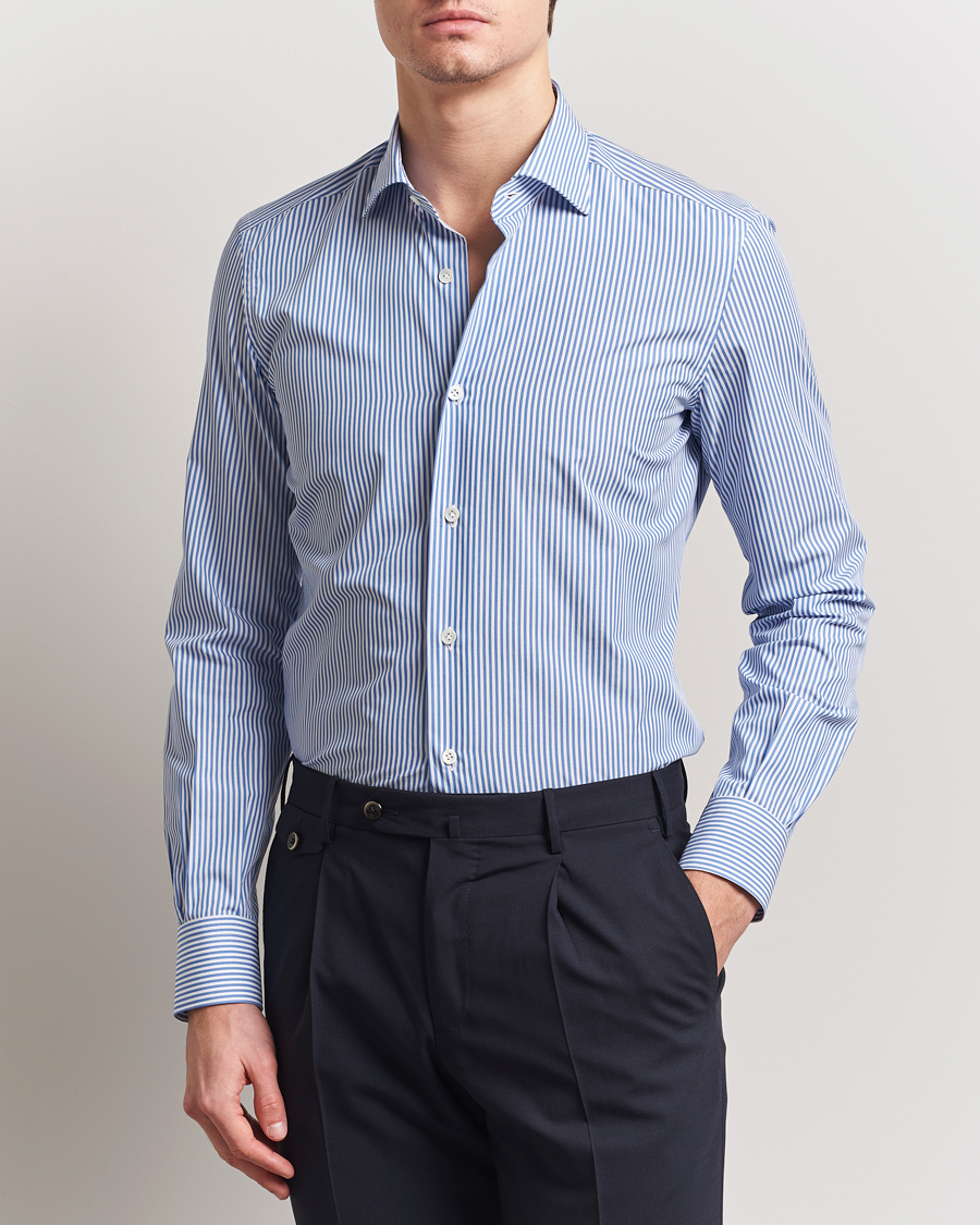 Herre | Skjorter | Mazzarelli | Soft Cotton Cut Away Shirt Blue Stripe