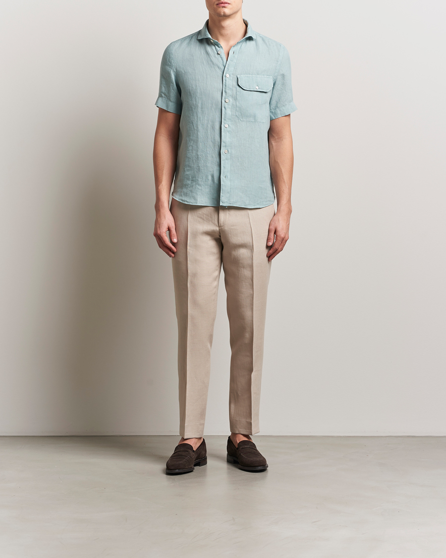 Herre | Skjorter | Finamore Napoli | Linen Short Sleeve Sport Shirt Teal
