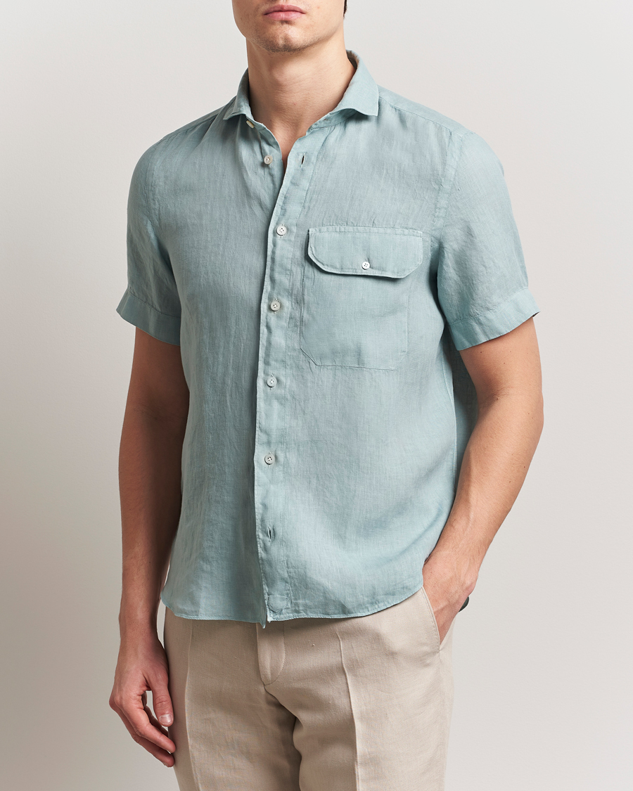 Herre | Skjorter | Finamore Napoli | Linen Short Sleeve Sport Shirt Teal