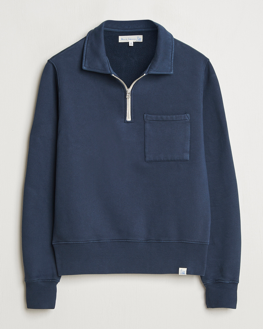 Herre | Trøjer | Merz b. Schwanen | Relaxed Fit Vintage Fleece Half Zip Sweat Denim Blue