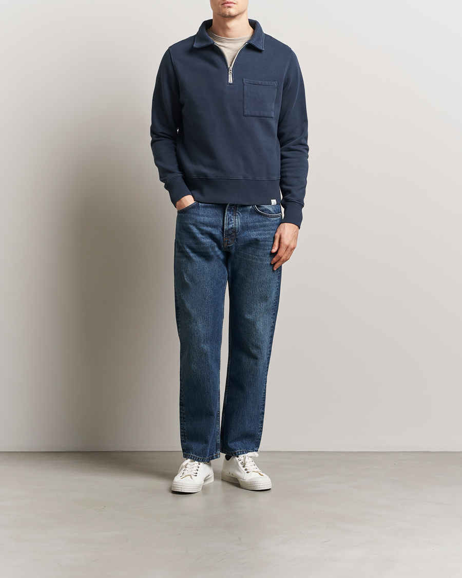 Herre | Trøjer | Merz b. Schwanen | Relaxed Fit Vintage Fleece Half Zip Sweat Denim Blue