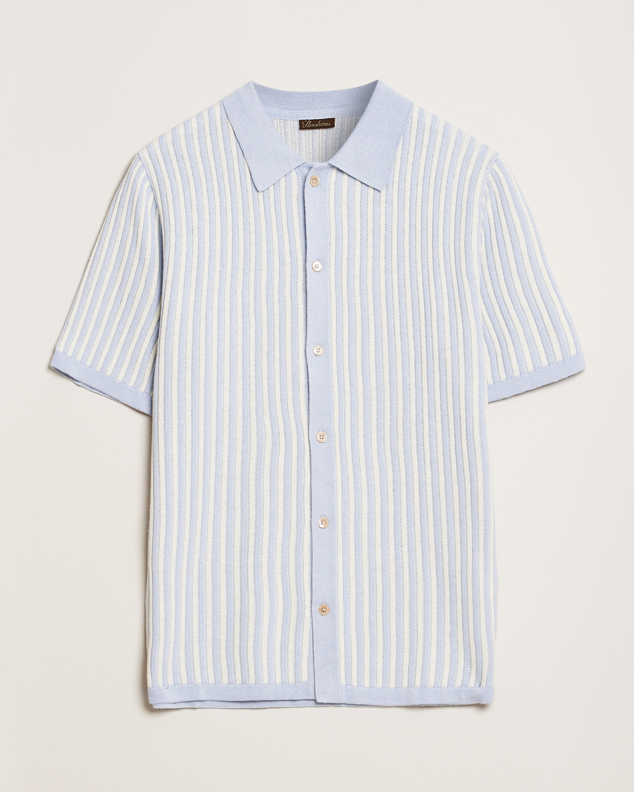 Herre | Skjorter | Stenströms | Knitted Buttonthru Polo Shirt White/Blue