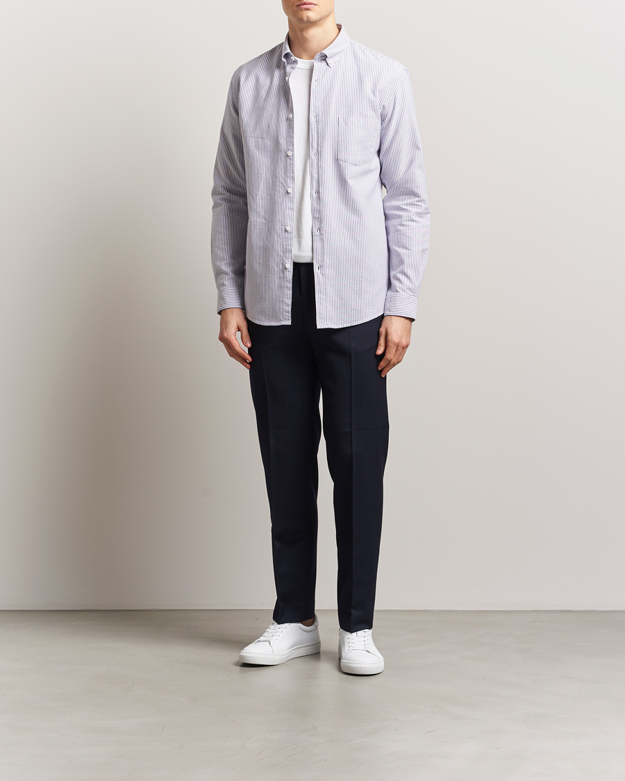 Herre | Skjorter | Sunspel | Striped Oxford Button Down Shirt White/Navy