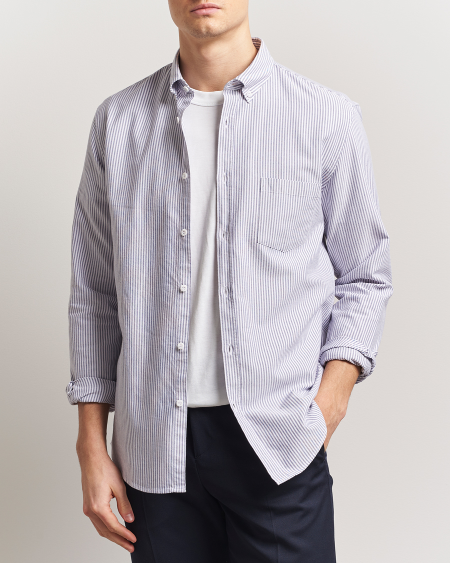 Herre | Skjorter | Sunspel | Striped Oxford Button Down Shirt White/Navy
