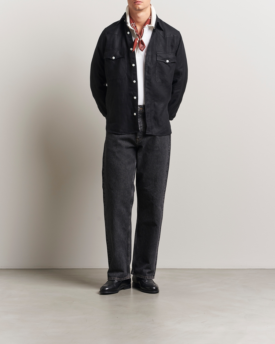 Herre | Skjorter | Drake's | Linen Twill Western Shirt Black