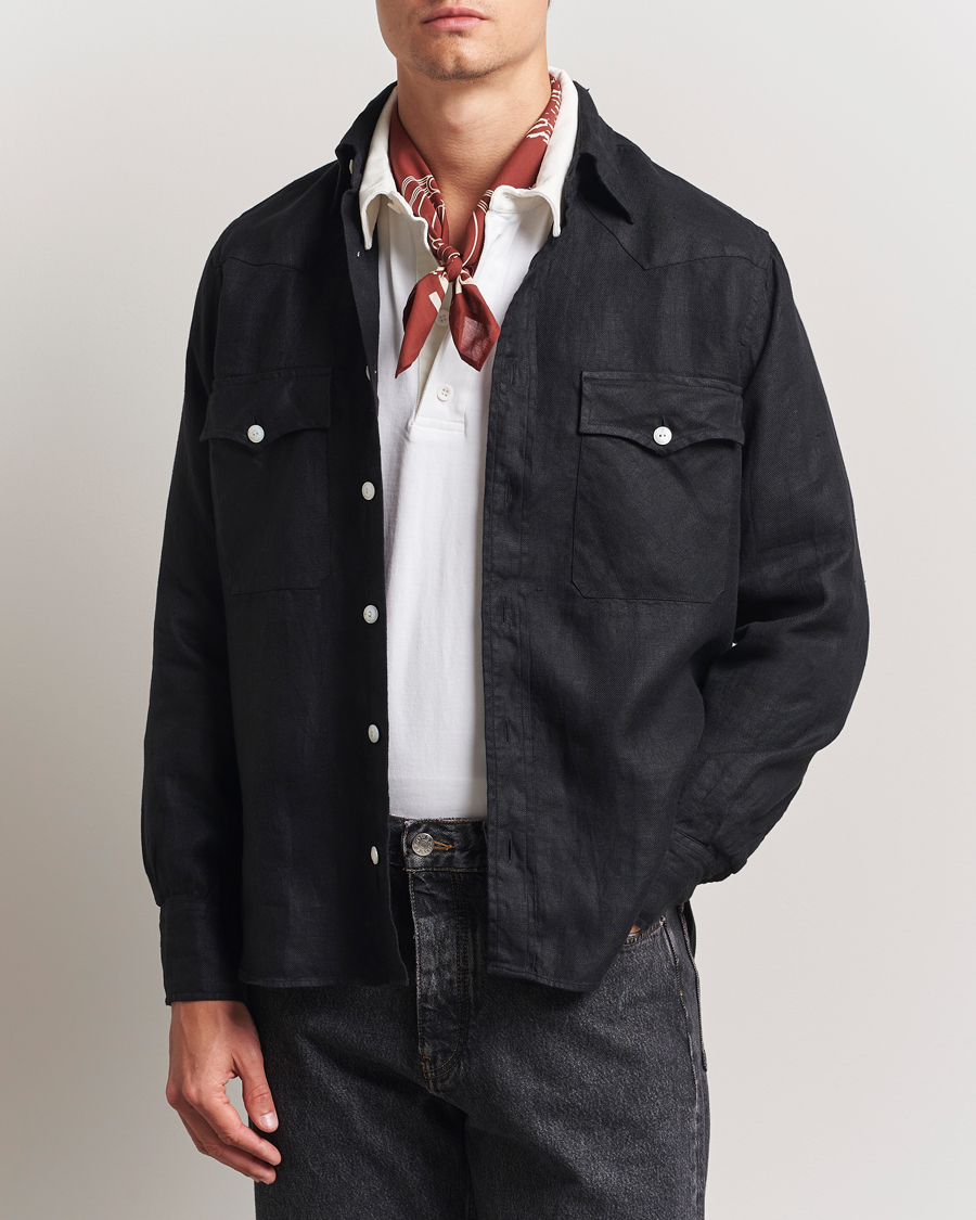 Herre | Skjorter | Drake's | Linen Twill Western Shirt Black
