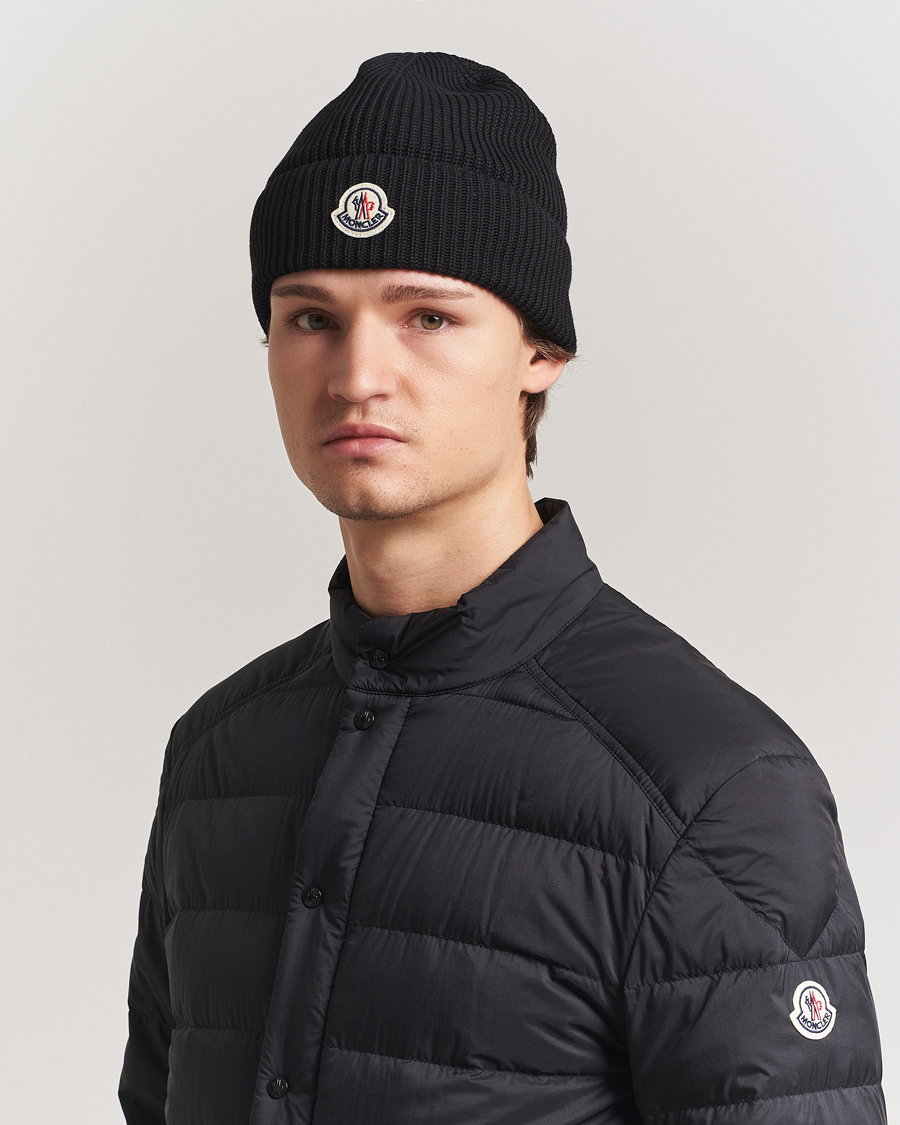Herre | Moncler Ribbed Wool Beanie Black | Moncler | Ribbed Wool Beanie Black