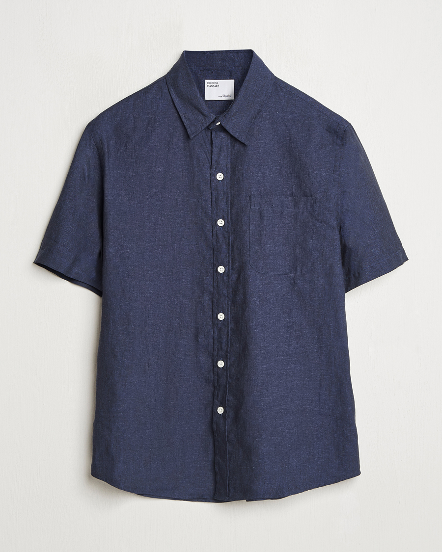 Herre | Skjorter | Colorful Standard | Garment Dyed Linen Short Sleeve Shirt Navy Blue