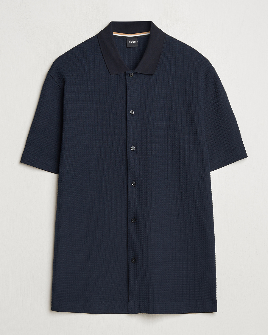 Herre | Skjorter | BOSS BLACK | Palladio Knitted Short Sleeve Shirt Dark Blue