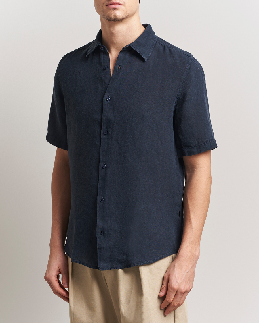 Herre | Skjorter | BOSS ORANGE | Rash Linen Short Sleeve Shirt Dark Blue