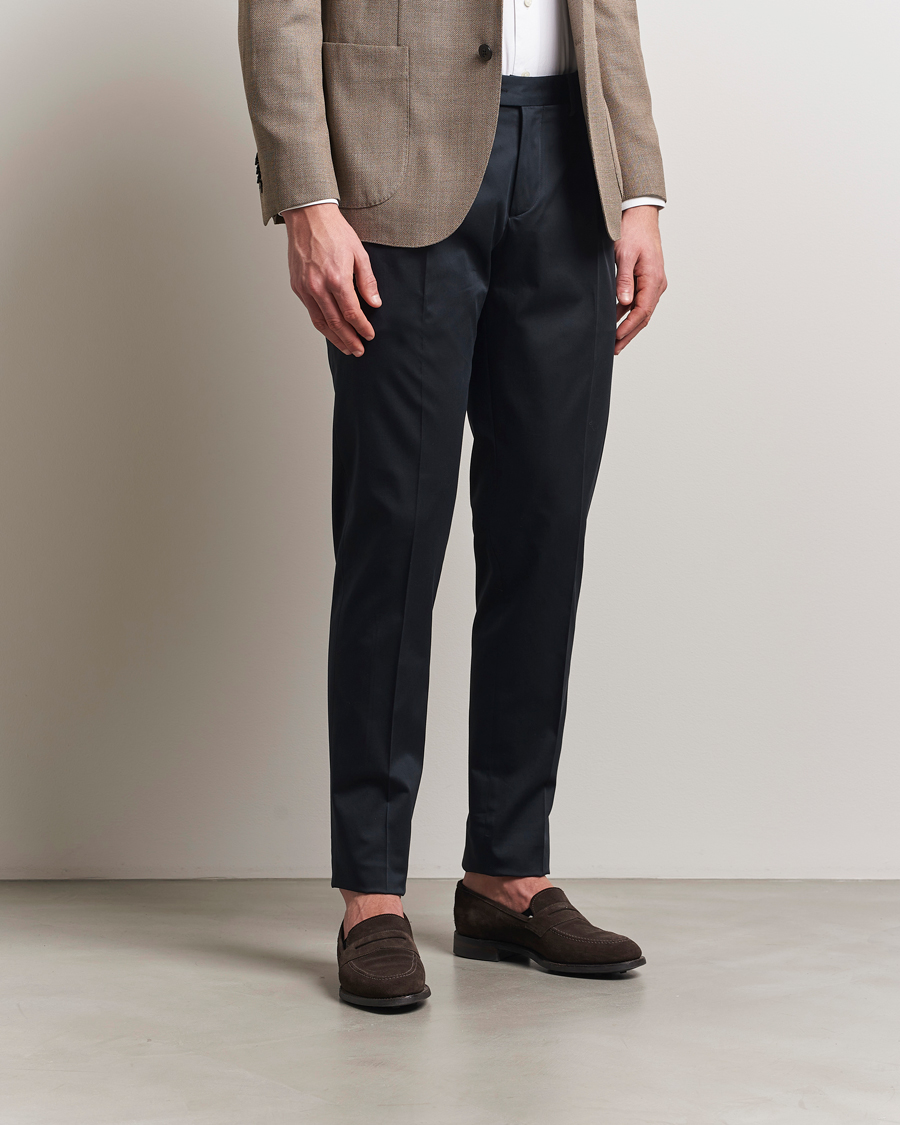Herre | Bukser | Lardini | Pleated Cotton Stretch Trousers Navy