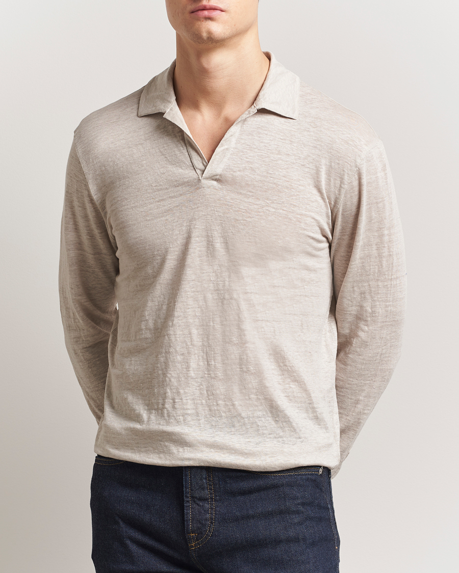 Herre | Polotrøjer | Gran Sasso | Washed Linen Long Sleeve Polo Beige Melange