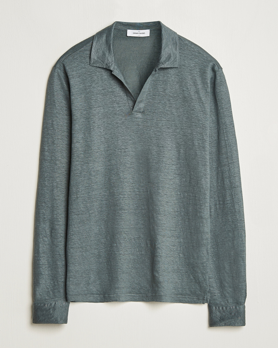 Herre | Trøjer | Gran Sasso | Washed Linen Long Sleeve Polo Green Melange