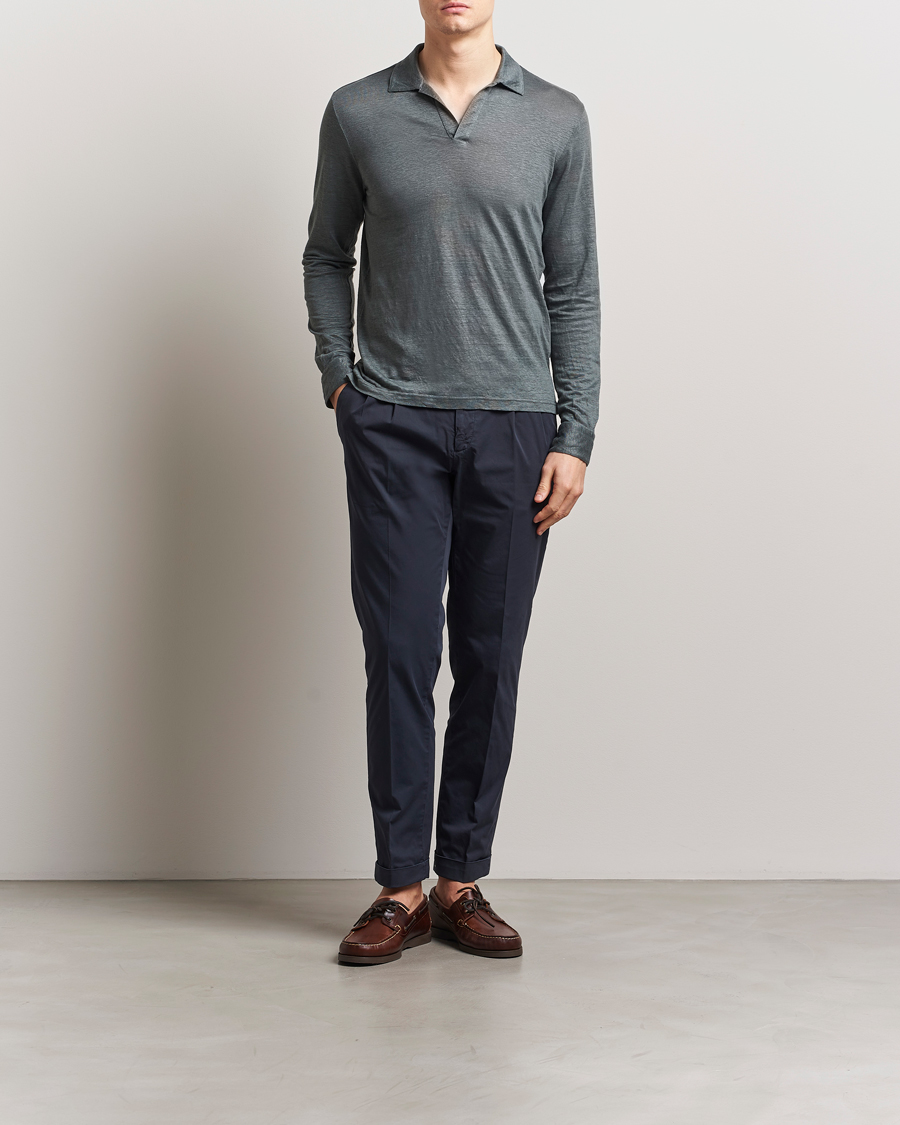 Herre | Trøjer | Gran Sasso | Washed Linen Long Sleeve Polo Green Melange