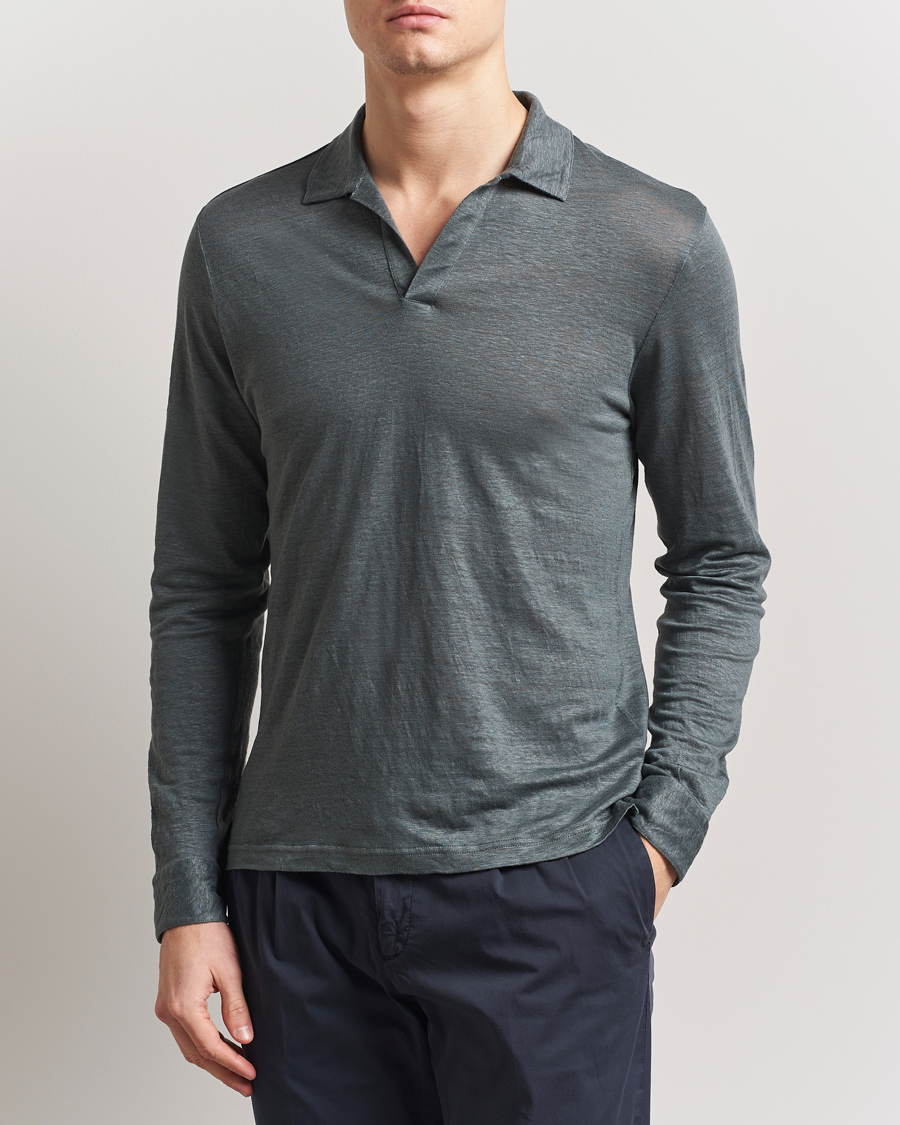 Herre | Trøjer | Gran Sasso | Washed Linen Long Sleeve Polo Green Melange