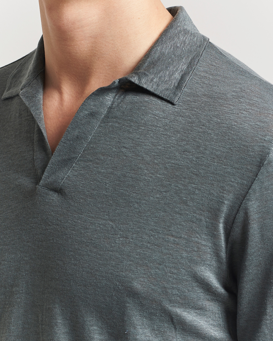 Herre | Trøjer | Gran Sasso | Washed Linen Long Sleeve Polo Green Melange